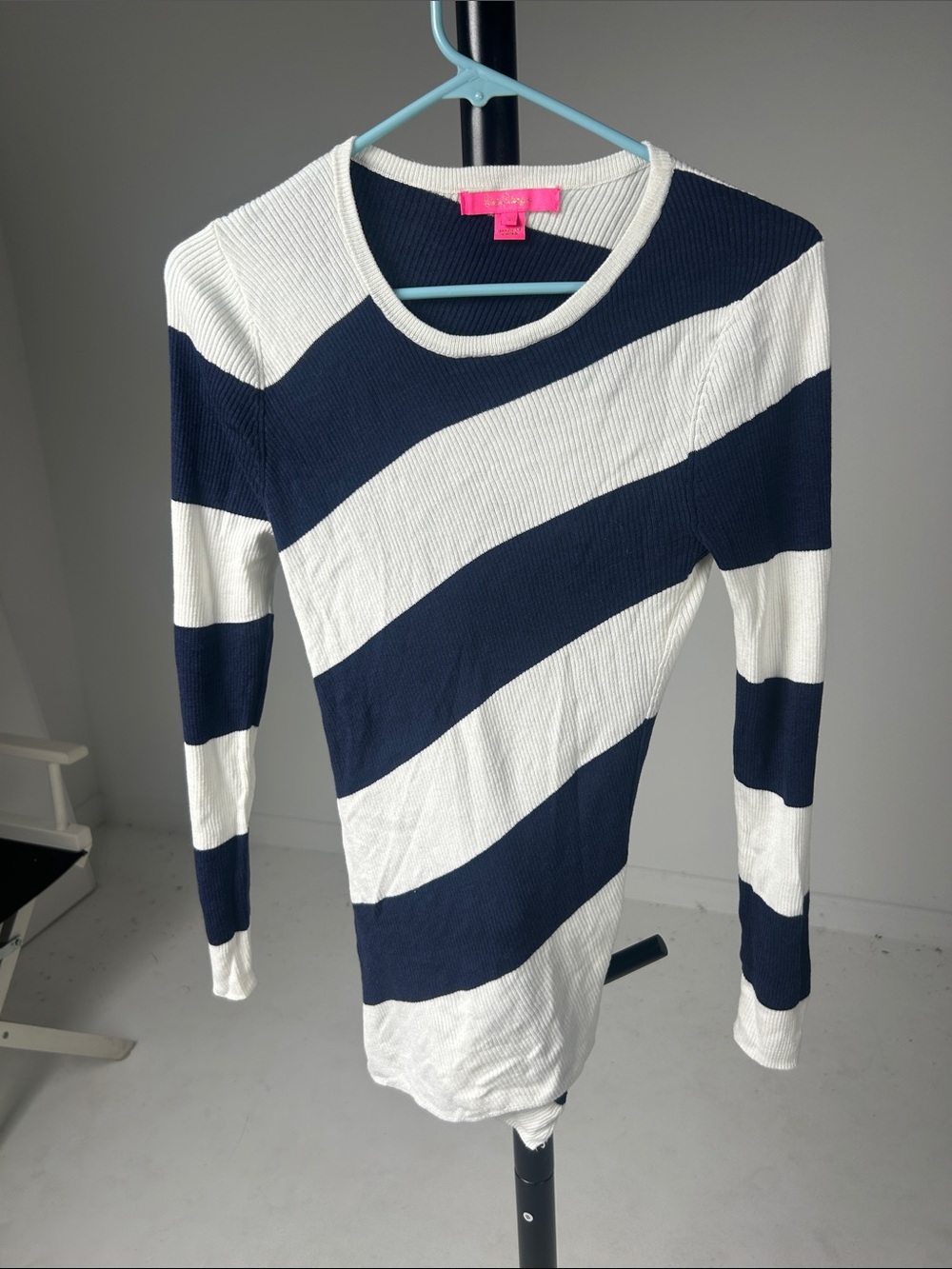 Lilly Pulitzer Navy and White Diagonal Stripe Crewneck Sweater